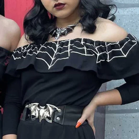 Bat Belt Womens L XL Silver Stretchy Elastic Waist Halloween Kreepsville Gothic - Picture 4 of 5